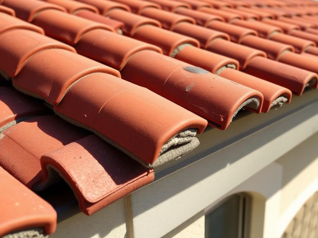 Illustrative image: barrel tile roof section after repair with matched replacement tiles re-bedded and aligned along the ridge