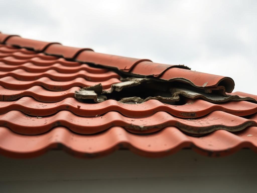Illustrative image: cracked and slipped clay barrel tiles near a roof ridge exposing the underlayment beneath