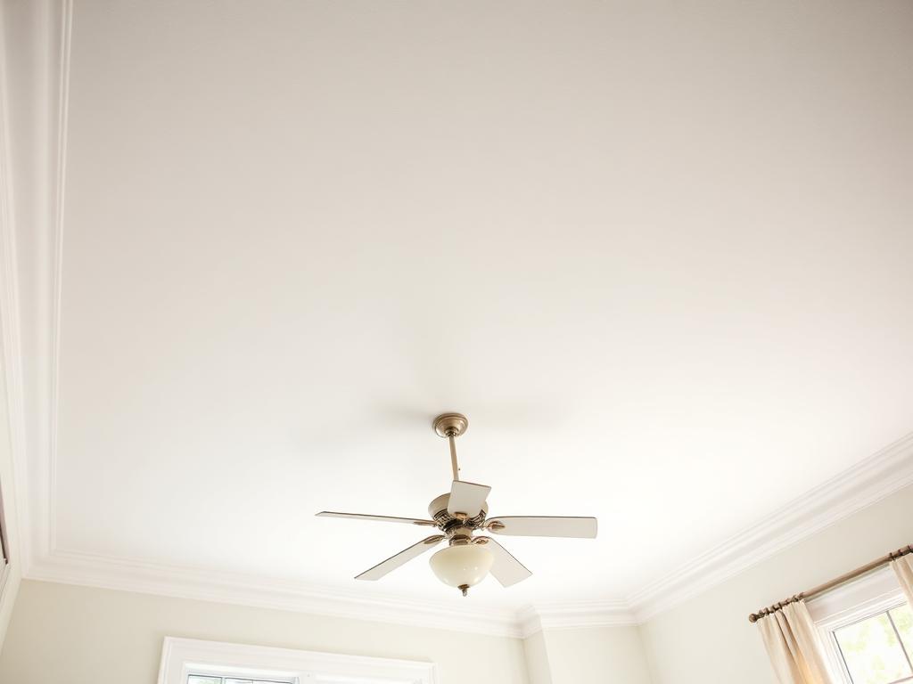 Illustrative image: living room ceiling after a roof leak was stopped and the drywall was patched and repainted white