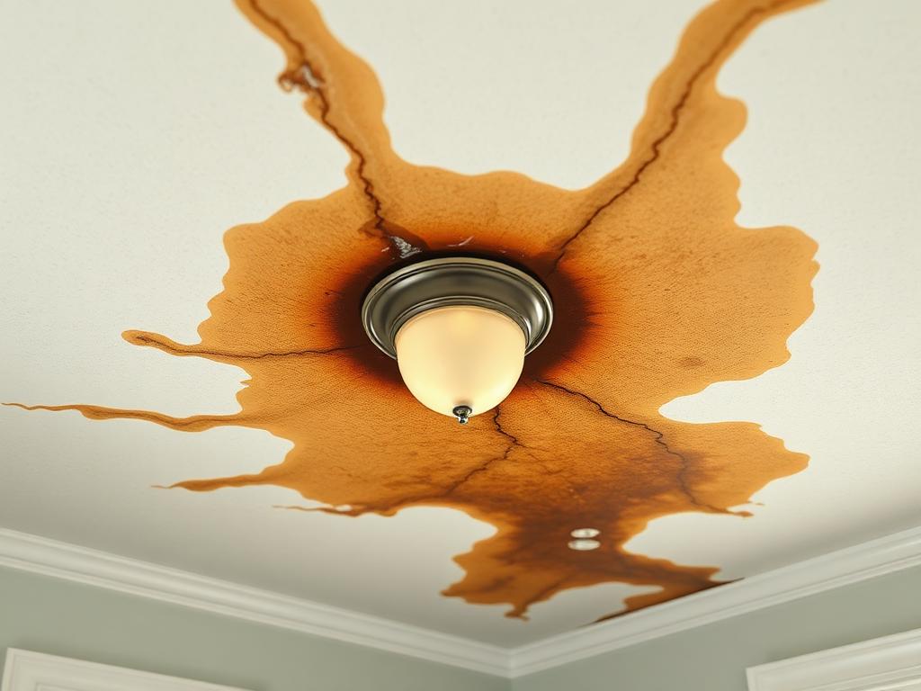Illustrative image: brown roof-leak water stain spreading across a living room ceiling around a flush mount light fixture
