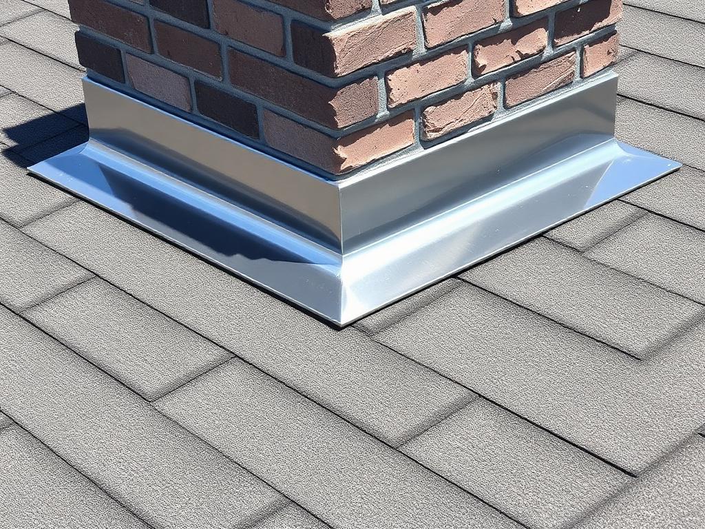 Illustrative image: new metal step and counter flashing installed around a chimney with clean sealant lines