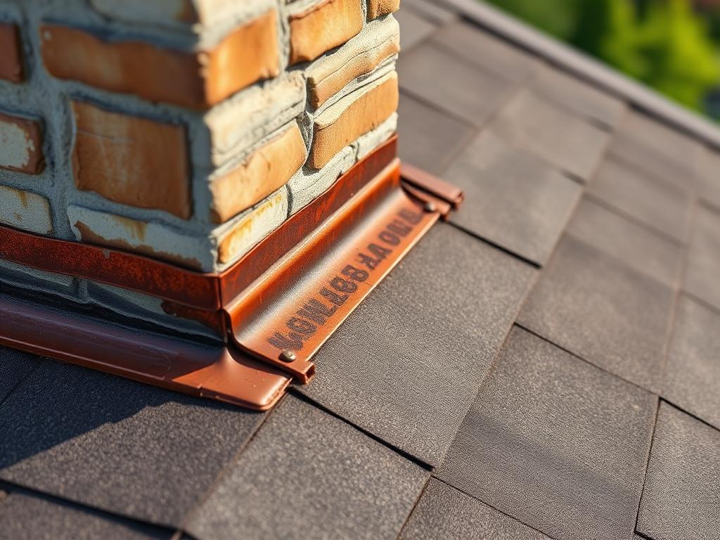 Illustrative image: rusted chimney flashing with cracked, failing sealant on an asphalt shingle roof