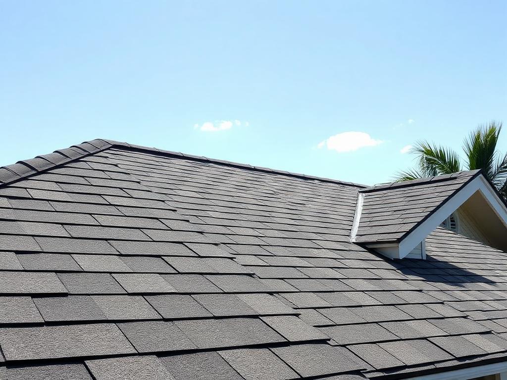 Illustrative image: roof slope after repair with new matching shingles installed and nailed to a wind-uplift pattern