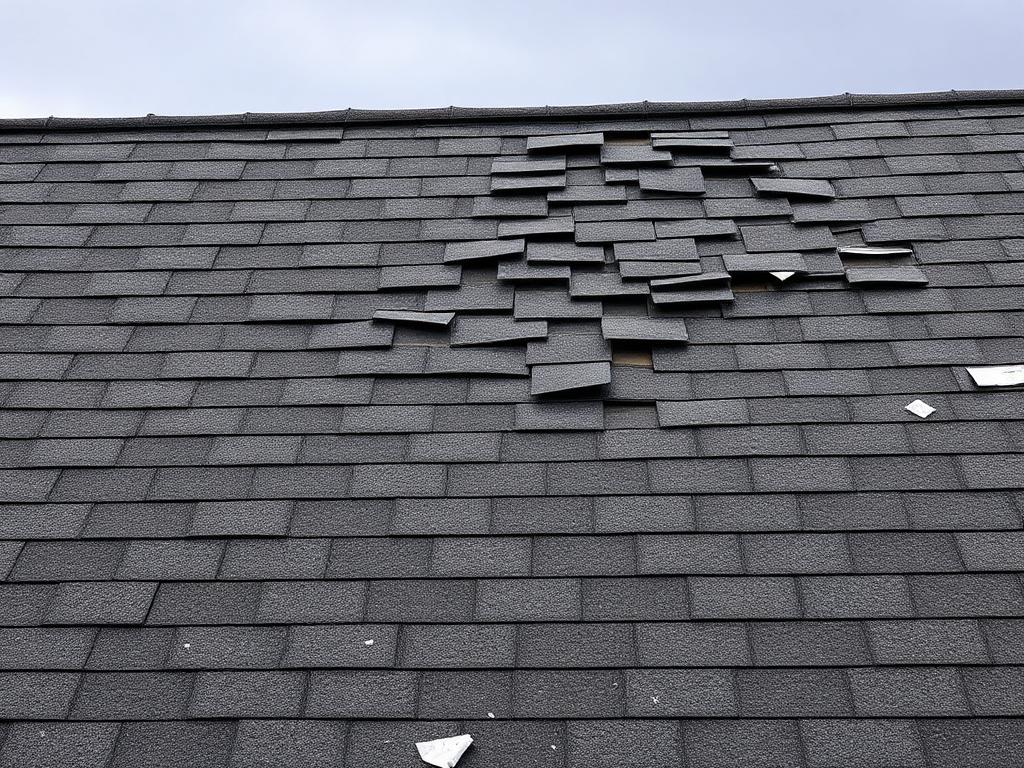 Illustrative image: asphalt shingle roof slope with lifted and missing shingles after a wind storm, debris on the surface