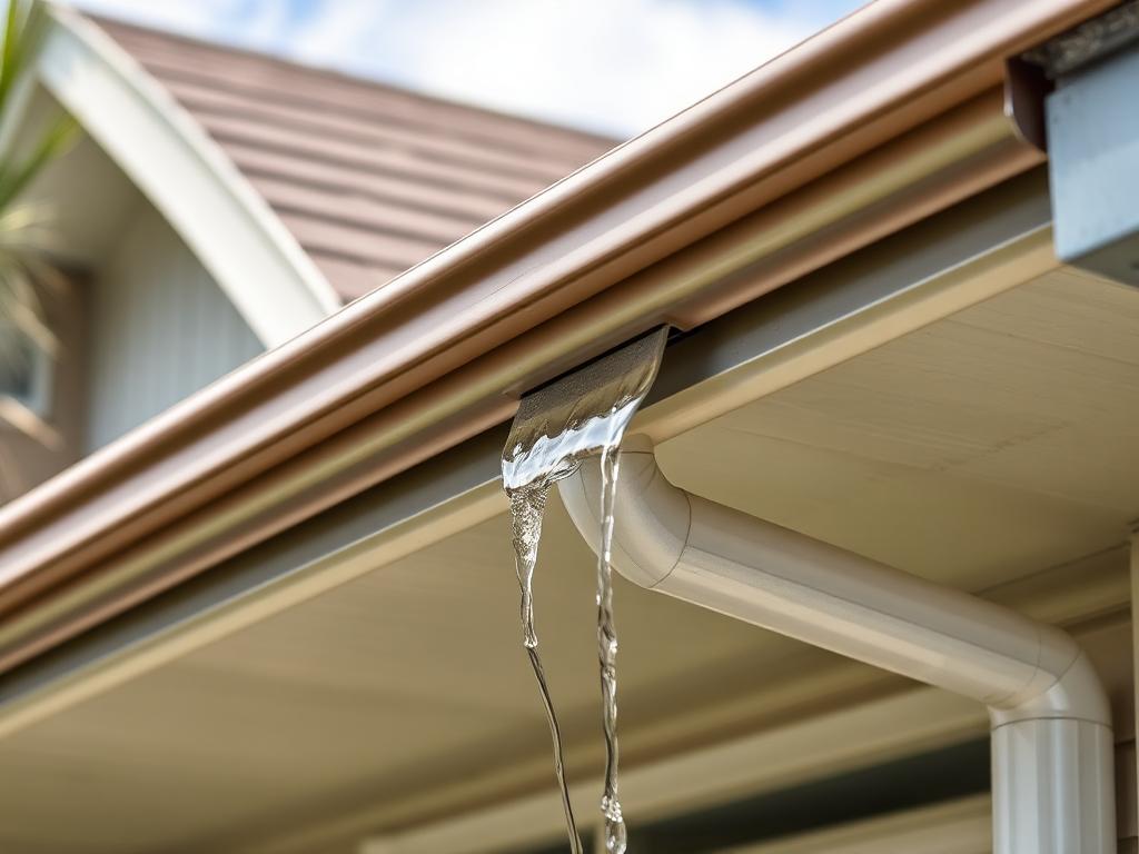 Illustrative image: roof edge after the gutter was cleared, re-secured to sound fascia, and drainage restored through the downspout