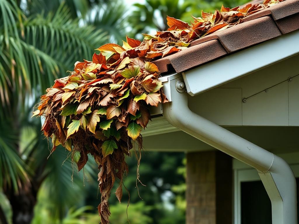Illustrative image: sagging rain gutter overflowing with leaves and debris along a roof edge