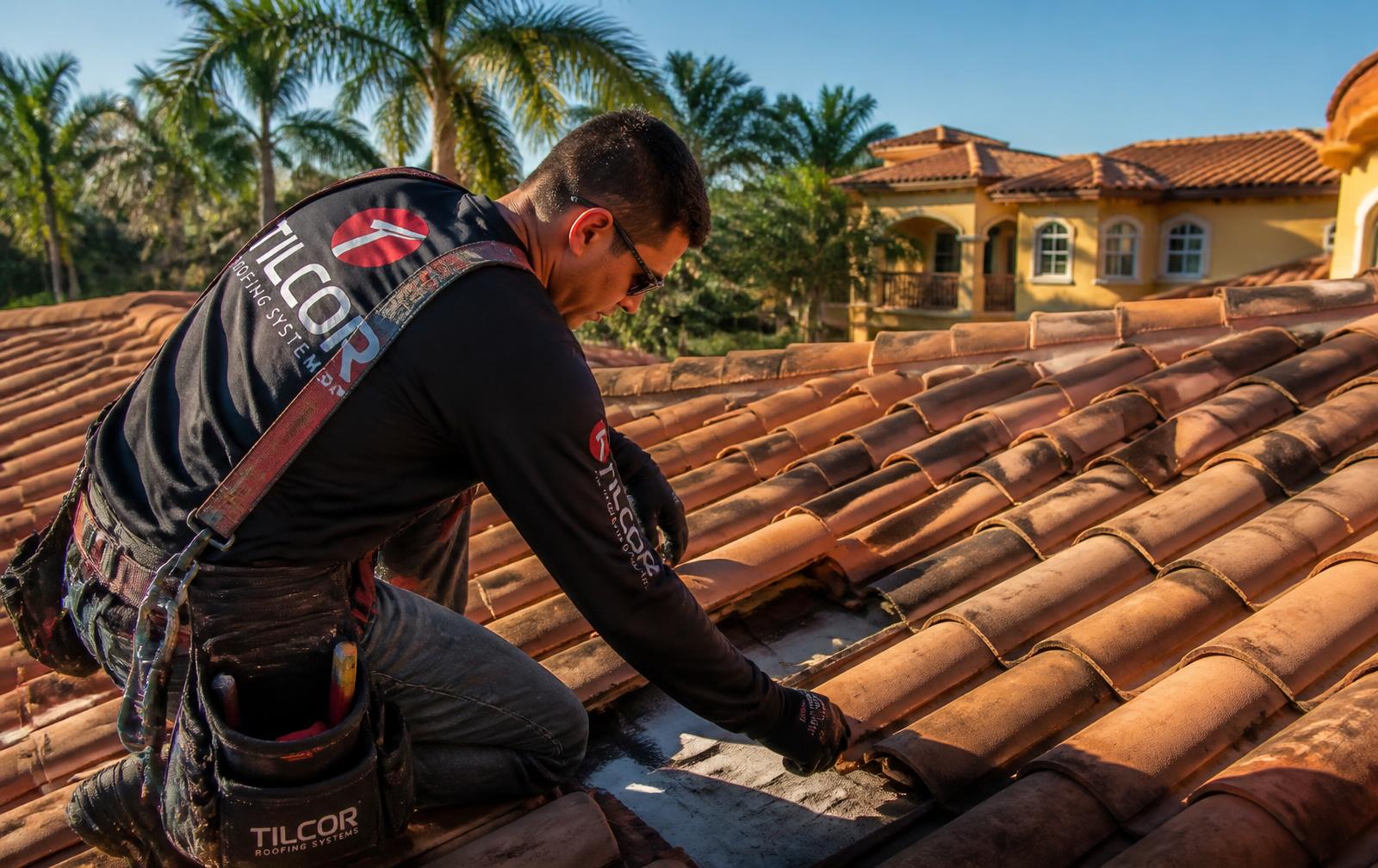 Illustrative image: a roofing technician in a safety harness repairing barrel tile on a Florida-style tile roof